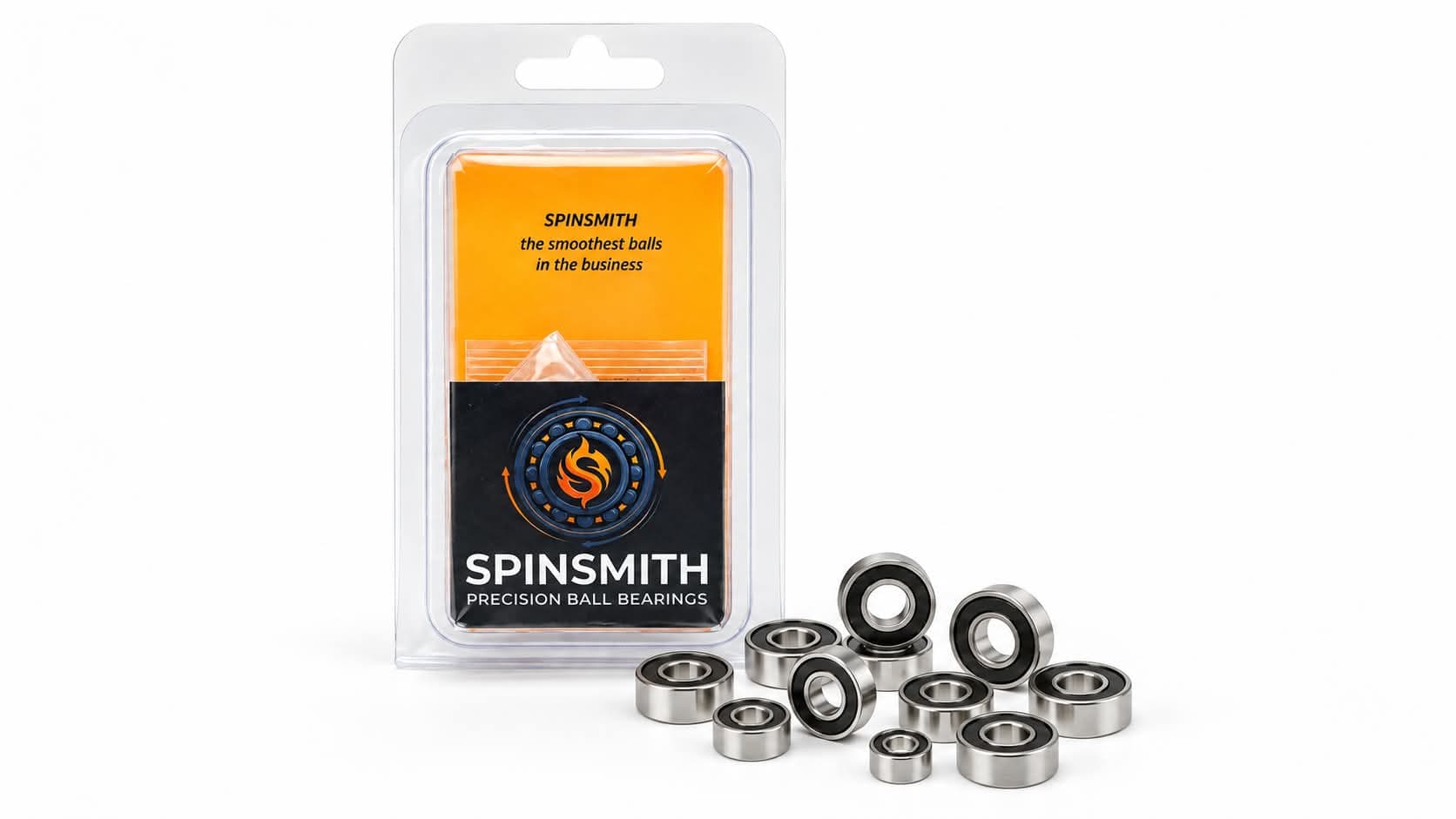 Spinsmith precision ball bearings in branded retail packaging, with loose bearings beside the pack