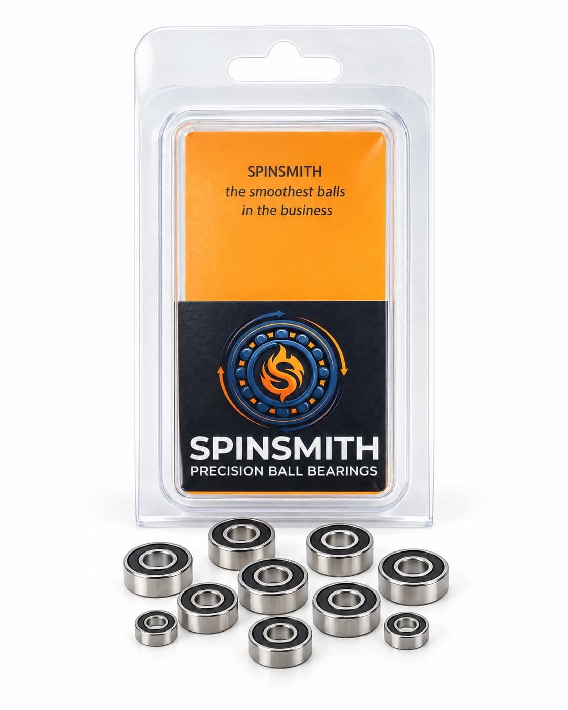 Front view of a Spinsmith precision ball bearings retail pack